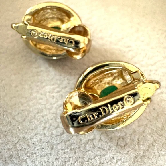 Dior Gold-Tone Earrings with Green Cabochons and Clear Crystals - Picture 2 of 6